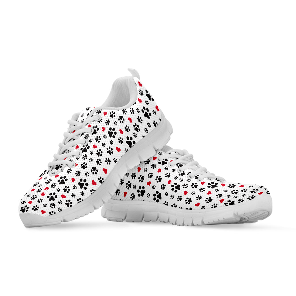 Black Paw And Heart Pattern Print White Running Shoes