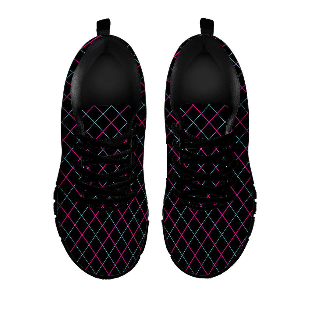 Black Pink And Blue Argyle Pattern Print Black Running Shoes