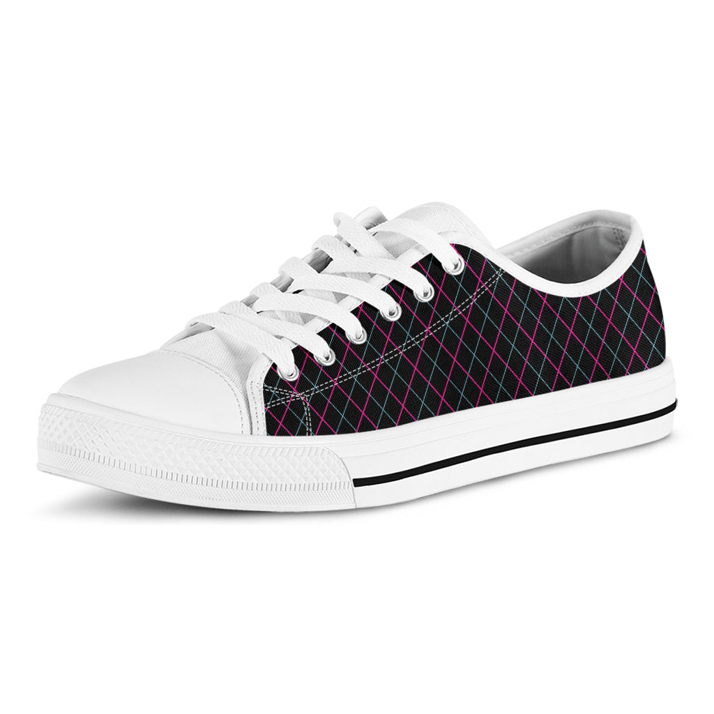 Black Pink And Blue Argyle Pattern Print White Low Top Sneakers