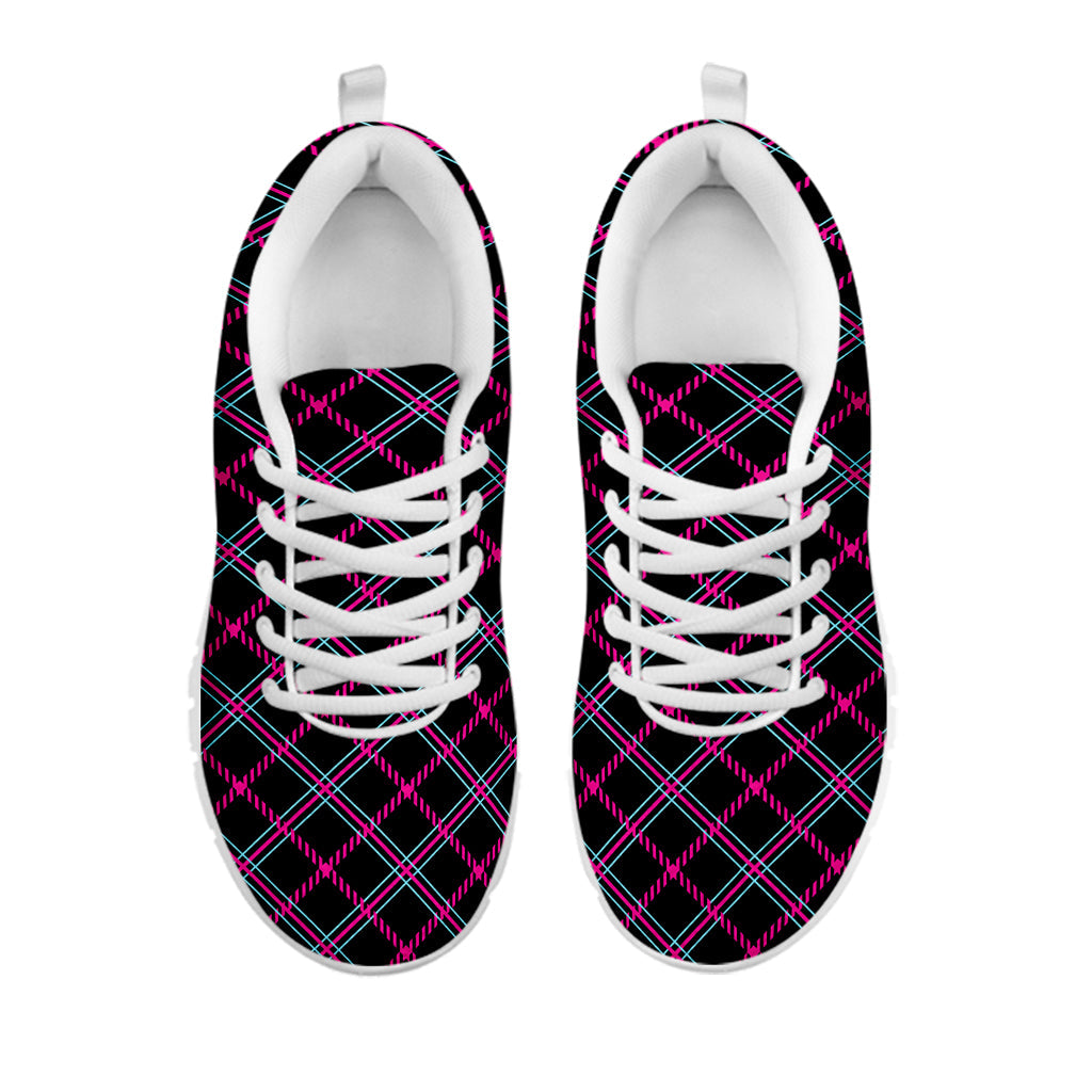 Black Pink And Blue Tartan Pattern Print White Running Shoes