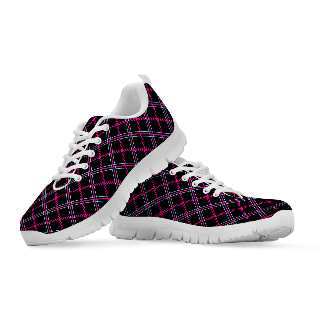 Black Pink And Blue Tartan Pattern Print White Running Shoes