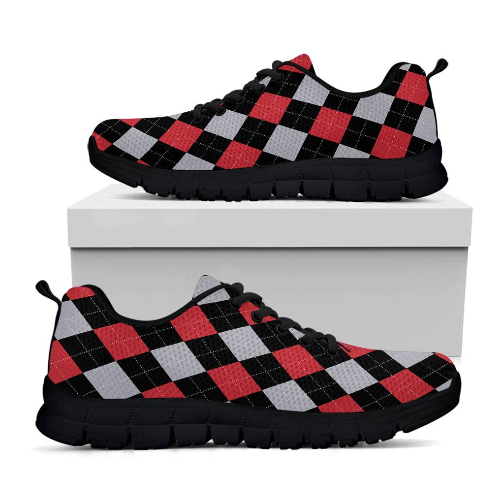 Black Red And Grey Argyle Pattern Print Black Running Shoes