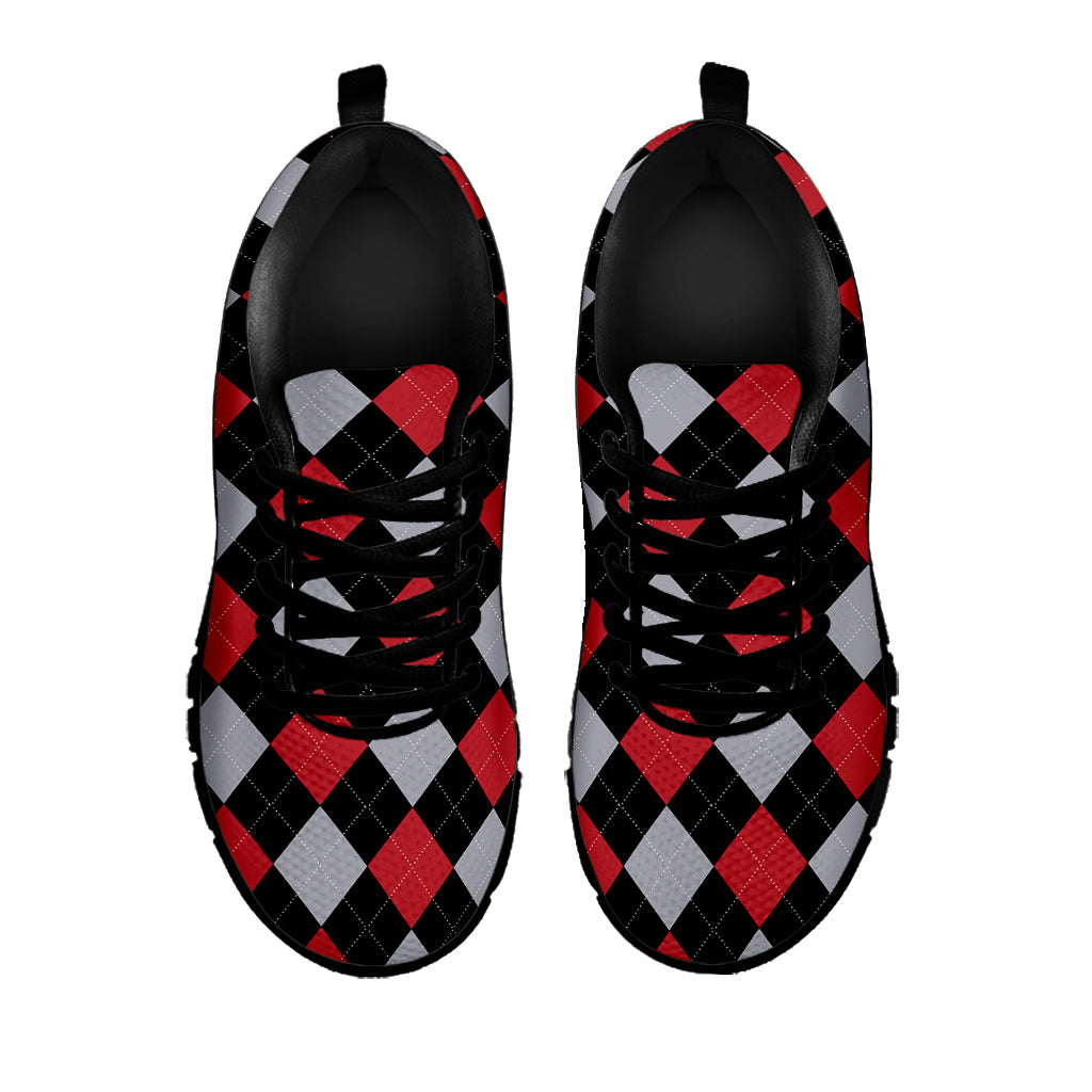 Black Red And Grey Argyle Pattern Print Black Running Shoes