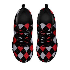 Black Red And Grey Argyle Pattern Print Black Running Shoes