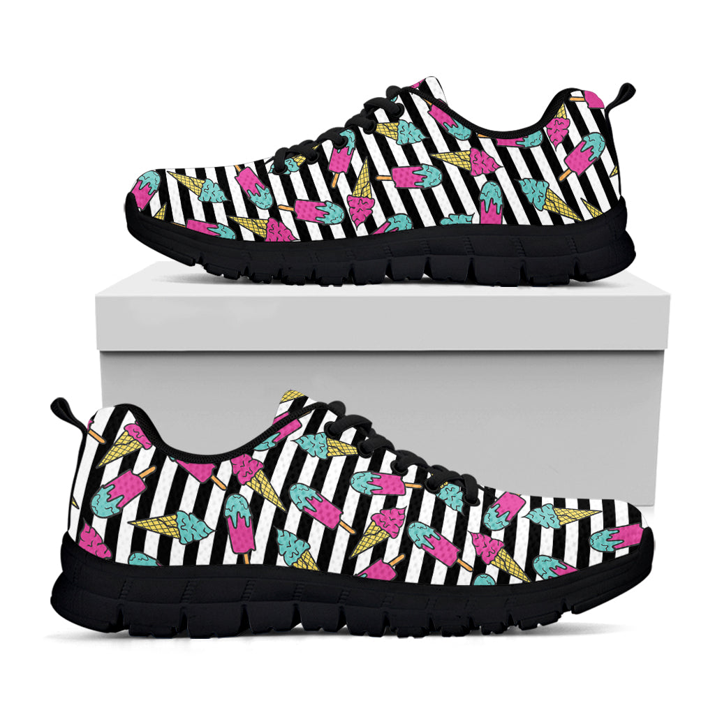 Black Striped Ice Cream Pattern Print Black Running Shoes