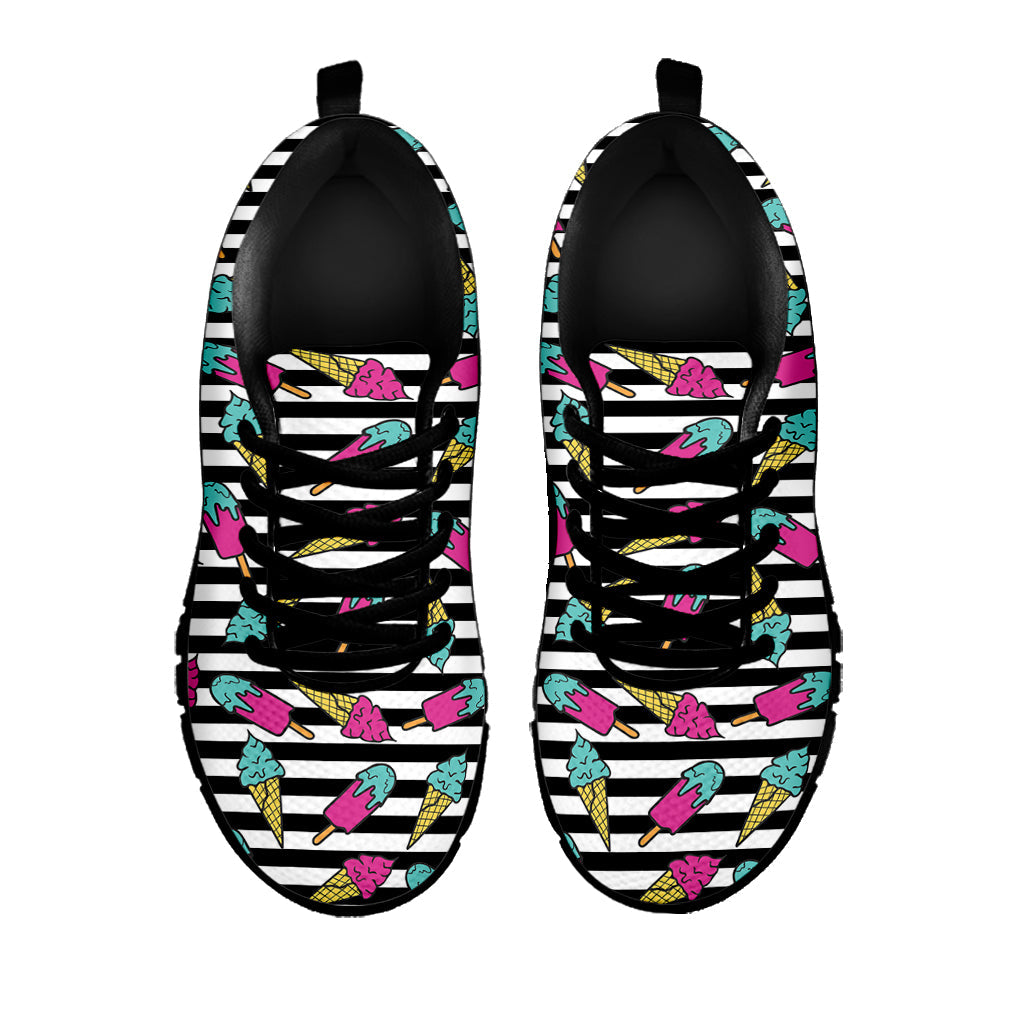 Black Striped Ice Cream Pattern Print Black Running Shoes