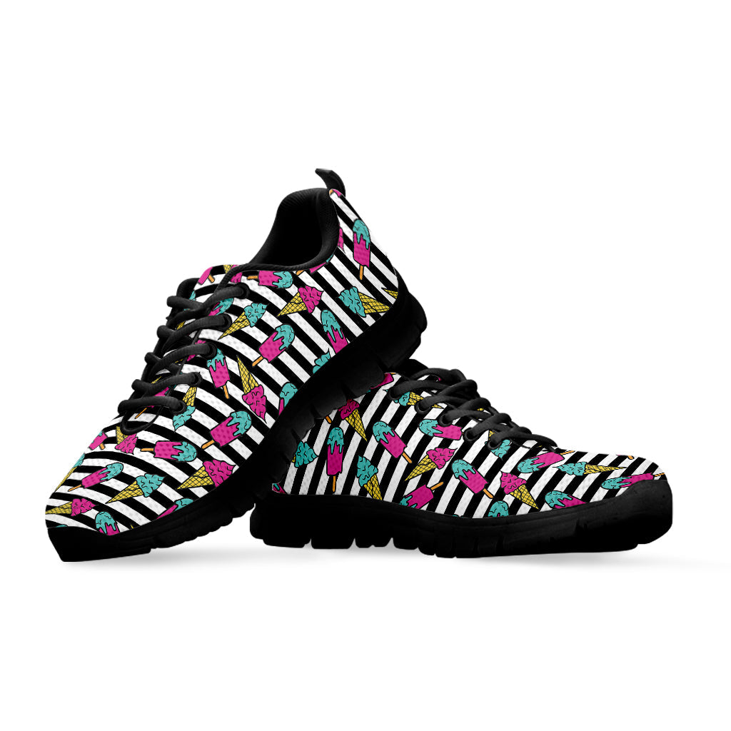 Black Striped Ice Cream Pattern Print Black Running Shoes