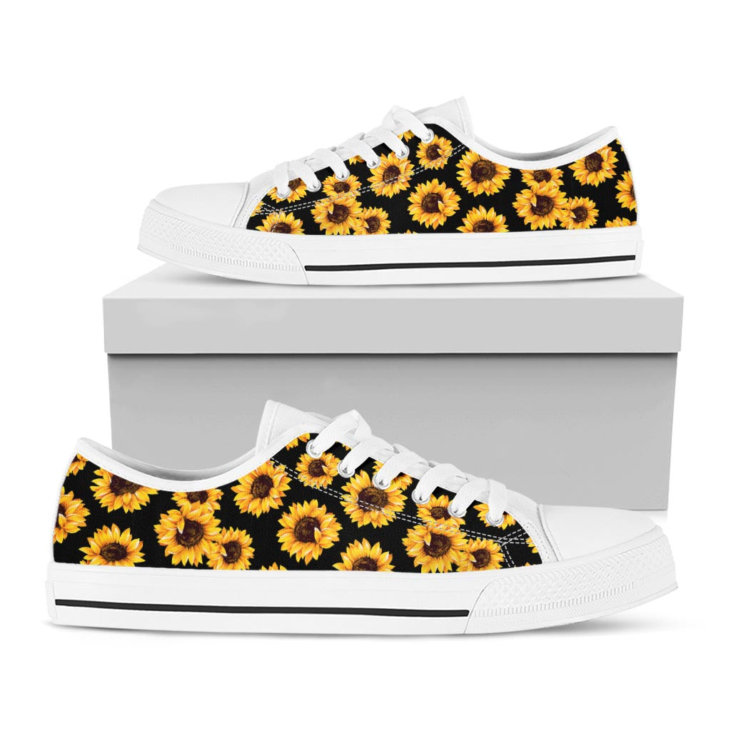 Black Sunflower Pattern Print White Low Top Sneakers