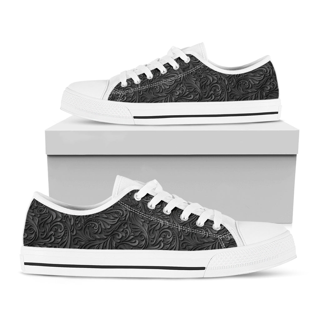 Black Western Damask Floral Print White Low Top Sneakers
