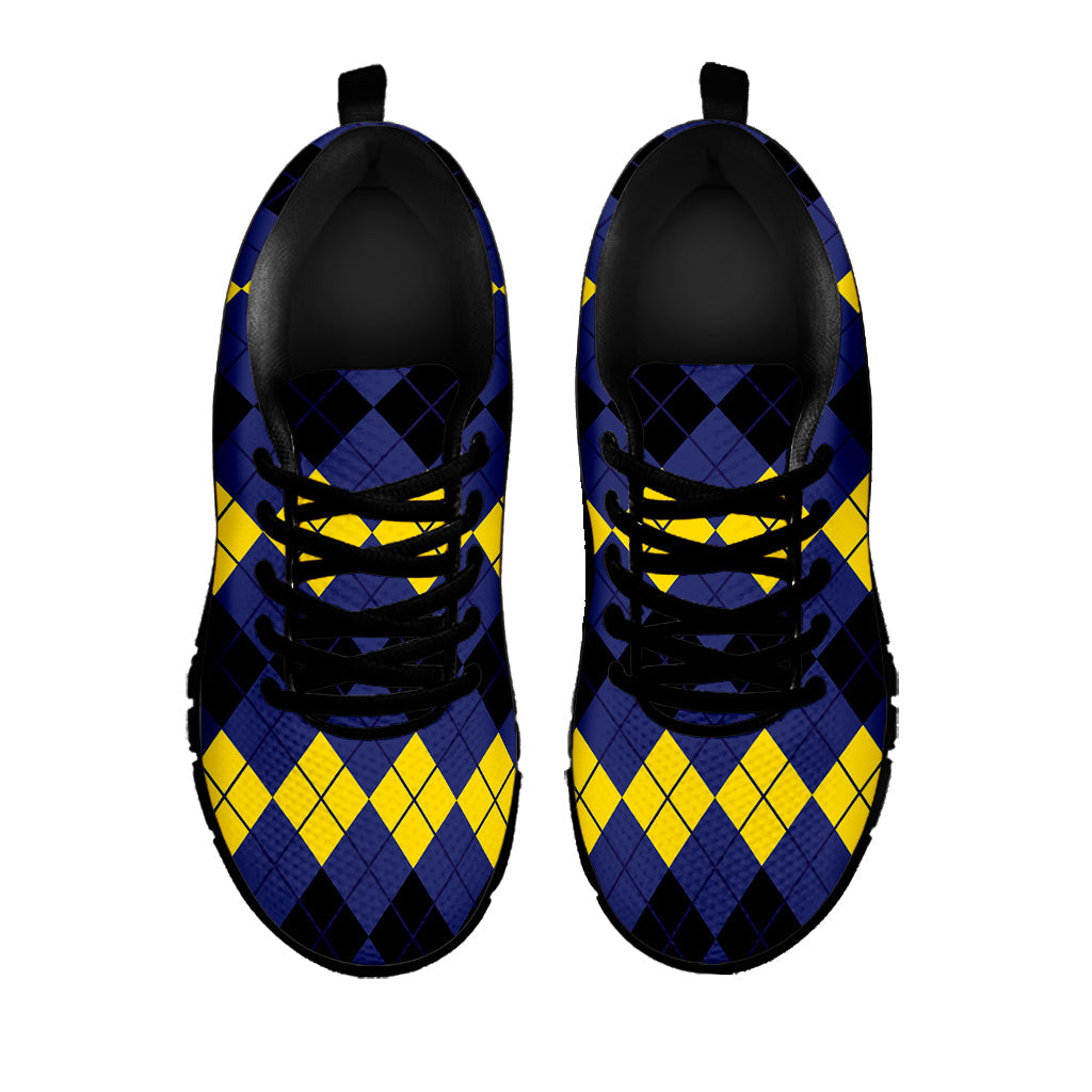 Black Yellow And Blue Argyle Print Black Running Shoes