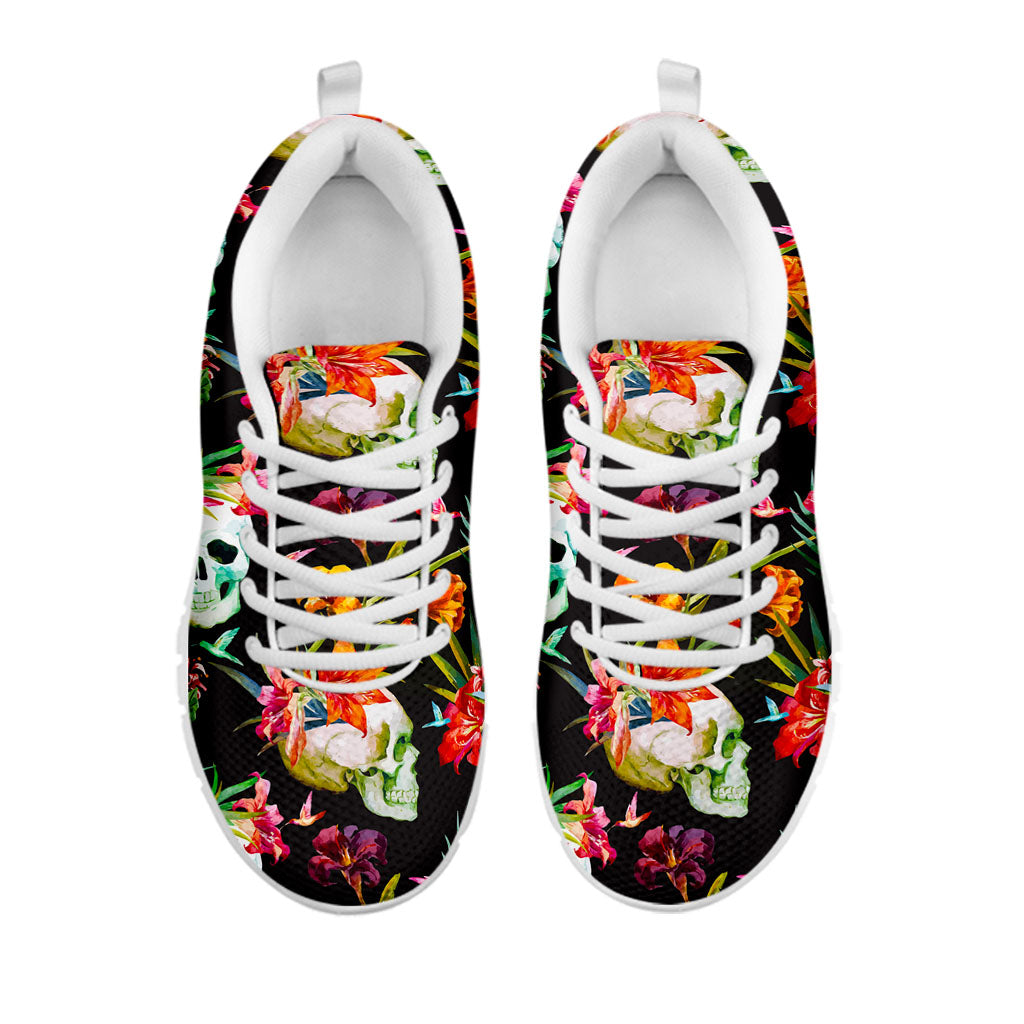 Blossom Flowers Skull Pattern Print White Running Shoes