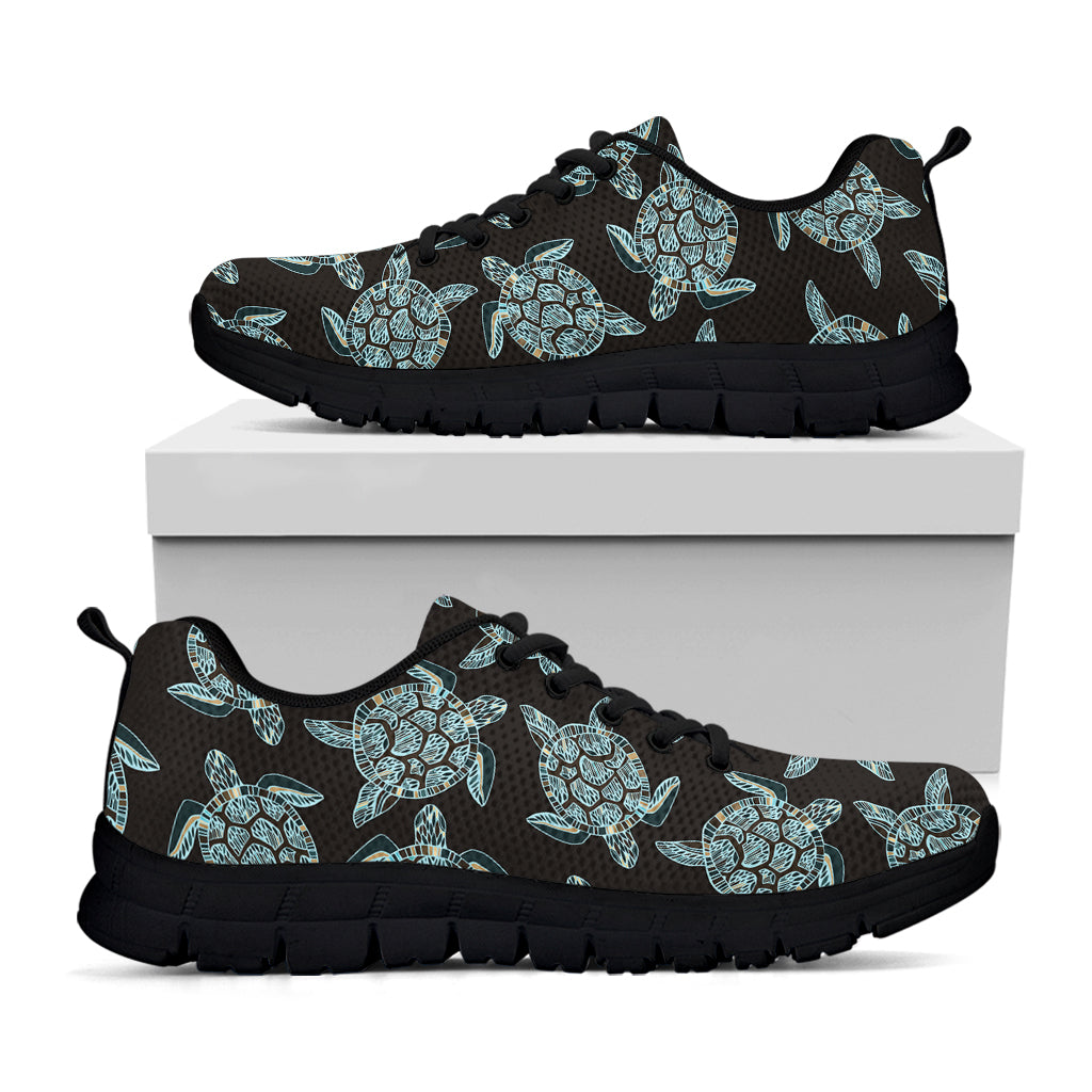 Blue And Black Sea Turtle Pattern Print Black Running Shoes