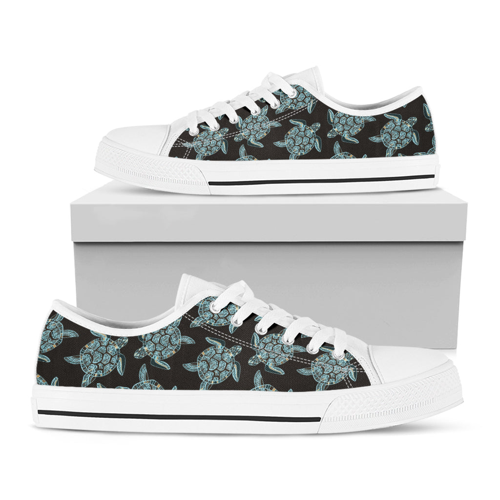 Blue And Black Sea Turtle Pattern Print White Low Top Sneakers