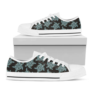 Blue And Black Sea Turtle Pattern Print White Low Top Sneakers