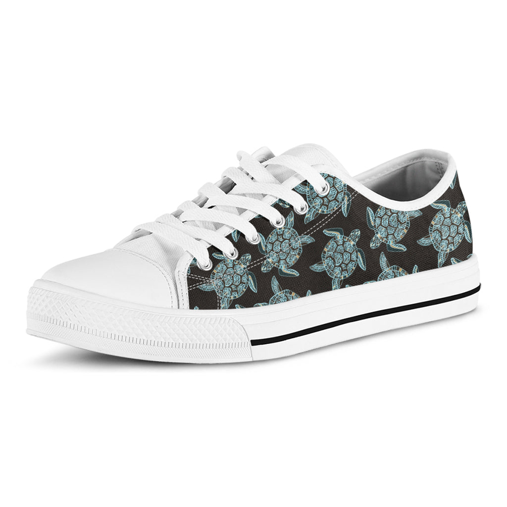 Blue And Black Sea Turtle Pattern Print White Low Top Sneakers