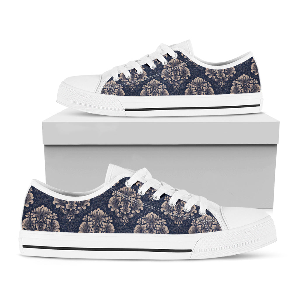 Blue And Brown Damask Pattern Print White Low Top Sneakers