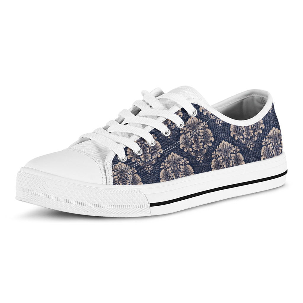 Blue And Brown Damask Pattern Print White Low Top Sneakers