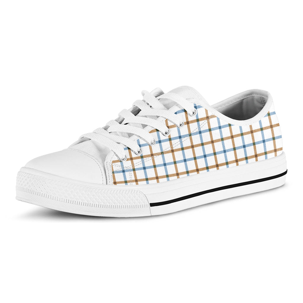 Blue And Brown Tattersall Pattern Print White Low Top Sneakers