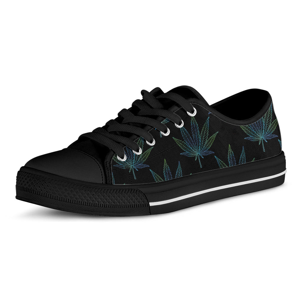 Blue And Green Weed Leaf Pattern Print Black Low Top Sneakers