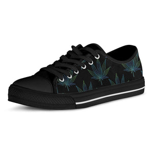 Blue And Green Weed Leaf Pattern Print Black Low Top Sneakers