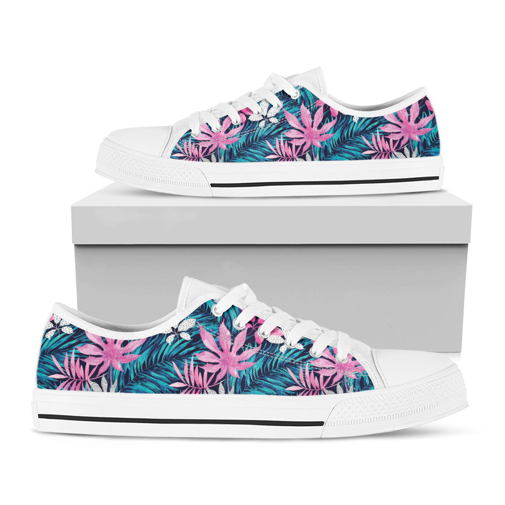 Blue And Pink Watercolor Hawaiian Print White Low Top Sneakers