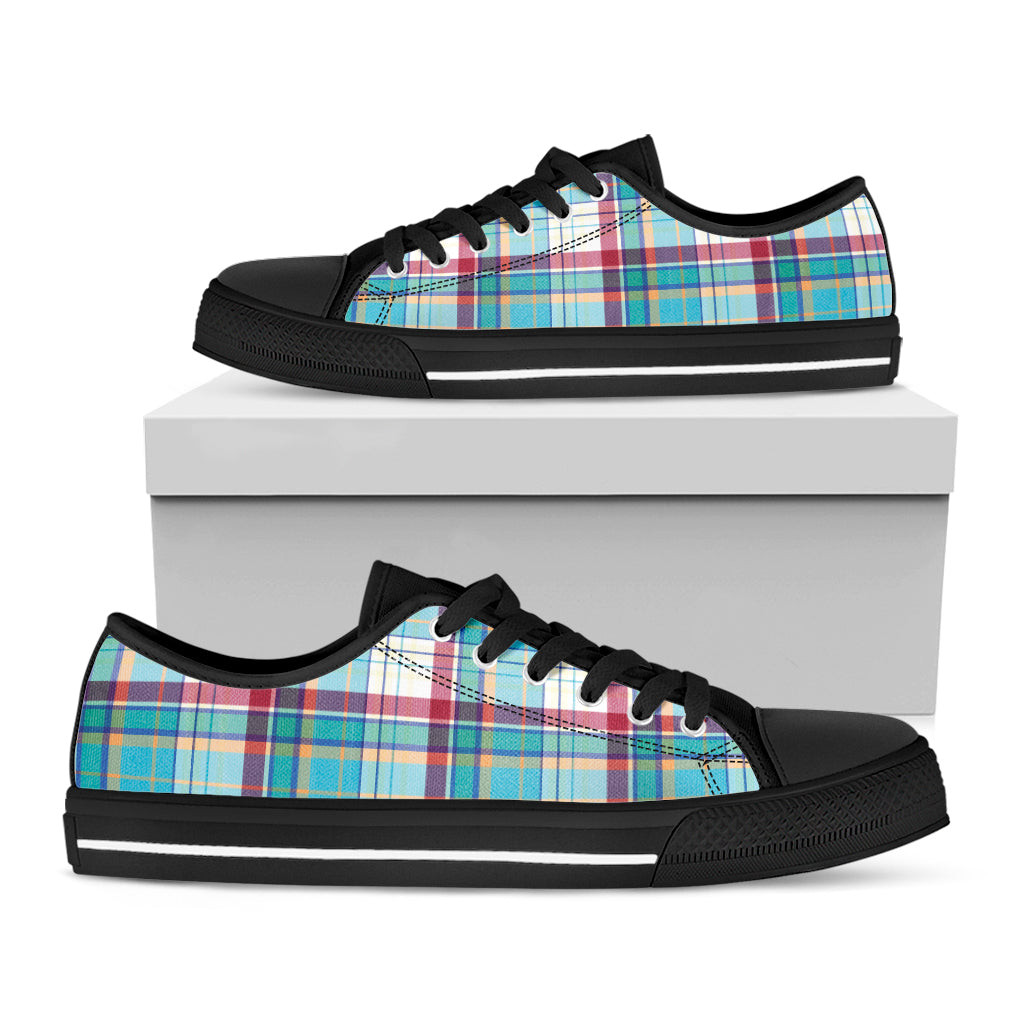 Blue And Red Madras Pattern Print Black Low Top Sneakers