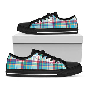 Blue And Red Madras Pattern Print Black Low Top Sneakers