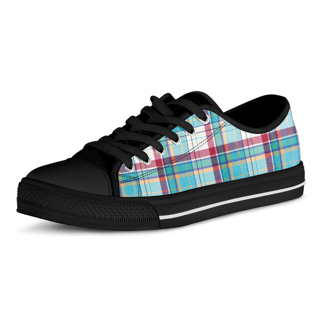 Blue And Red Madras Pattern Print Black Low Top Sneakers