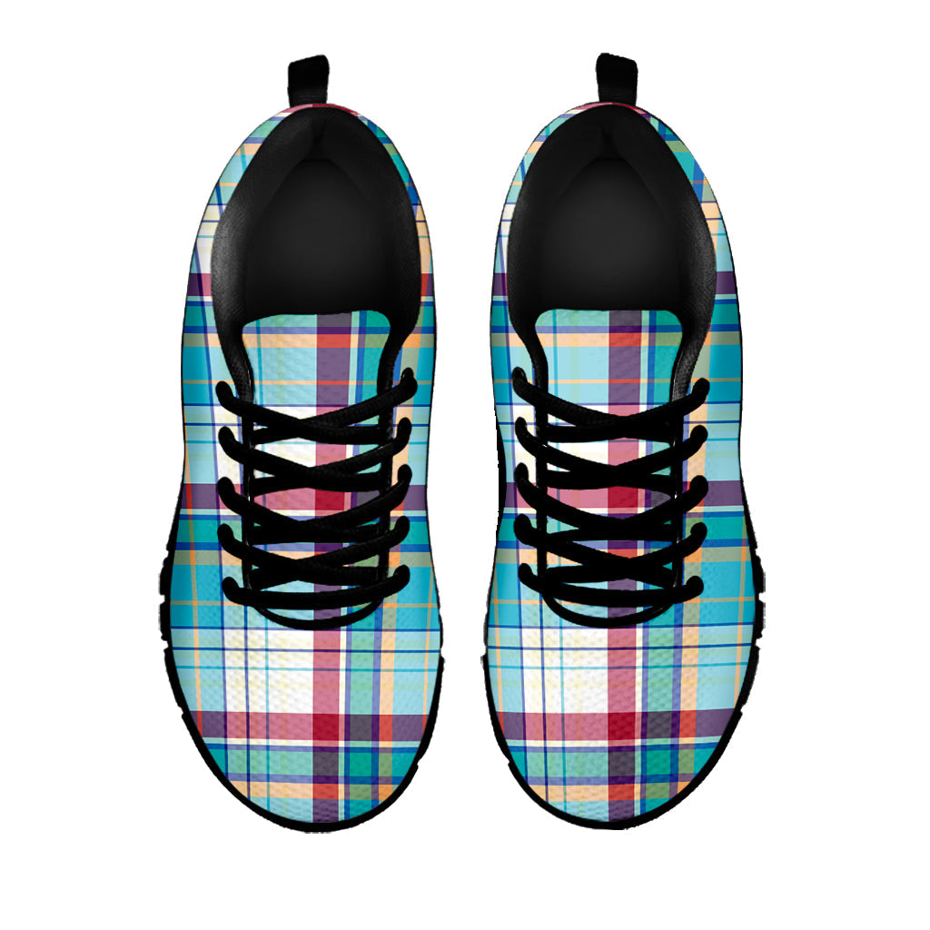 Blue And Red Madras Pattern Print Black Running Shoes