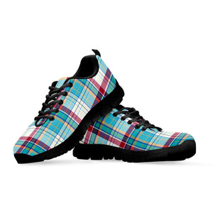 Blue And Red Madras Pattern Print Black Running Shoes