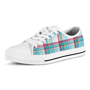 Blue And Red Madras Pattern Print White Low Top Sneakers