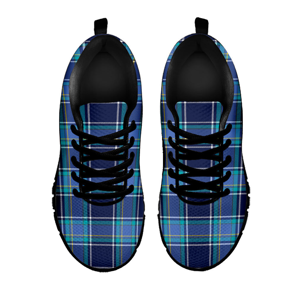 Blue And Teal Tartan Pattern Print Black Running Shoes