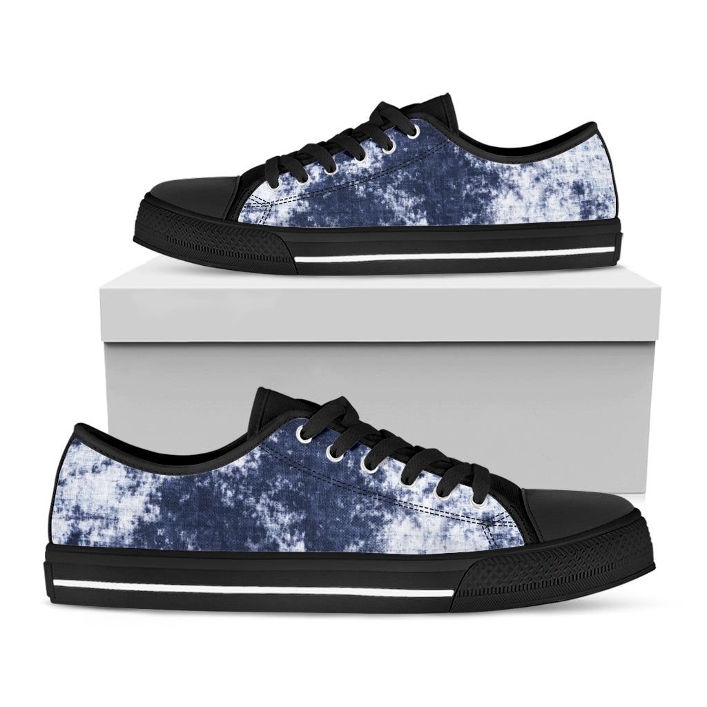 Blue And White Acid Wash Tie Dye Print Black Low Top Sneakers