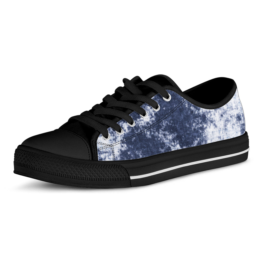 Blue And White Acid Wash Tie Dye Print Black Low Top Sneakers