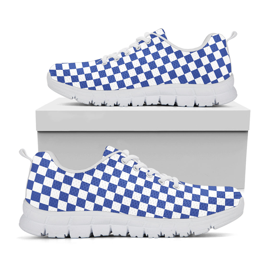 Blue And White Checkered Pattern Print White Running Shoes