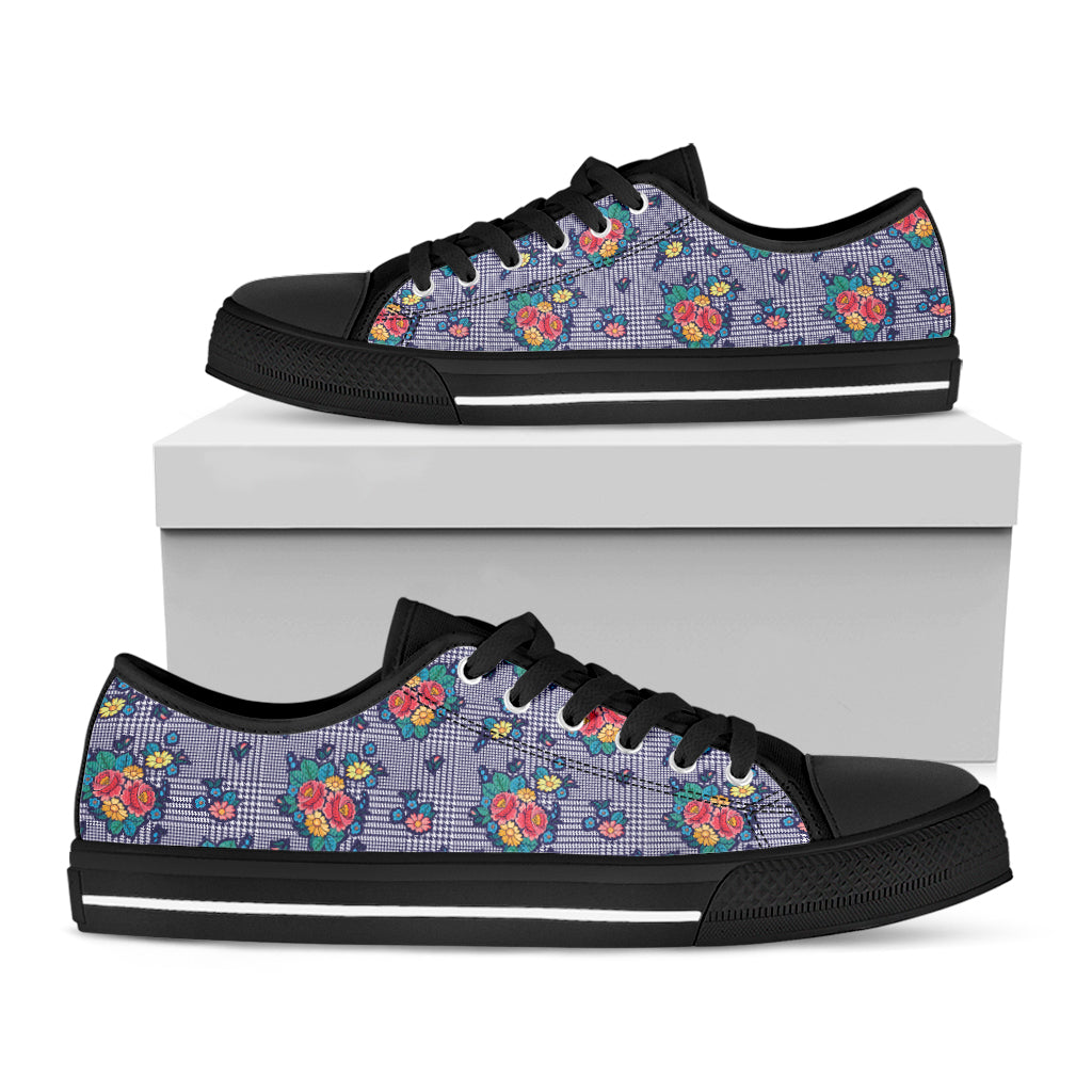 Blue And White Floral Glen Plaid Print Black Low Top Sneakers