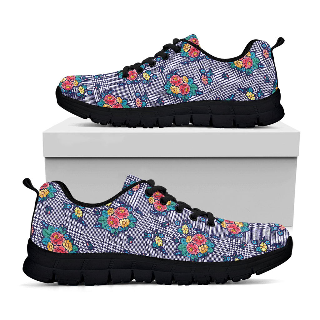 Blue And White Floral Glen Plaid Print Black Running Shoes