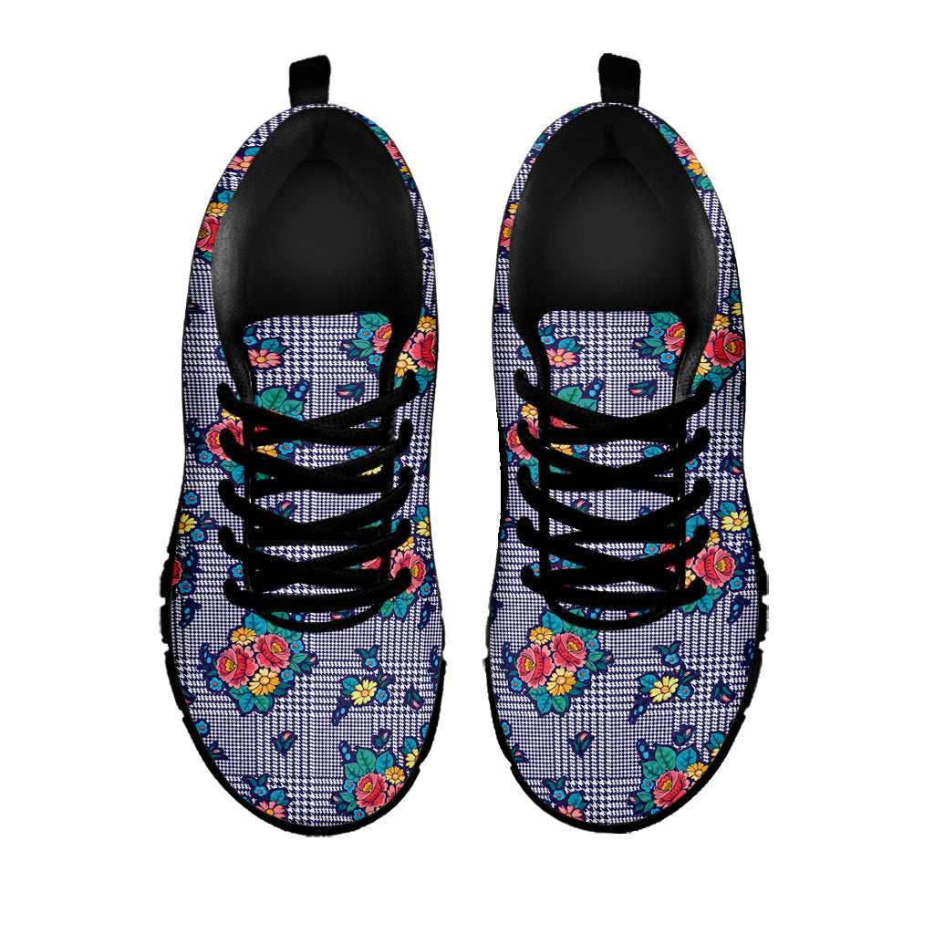 Blue And White Floral Glen Plaid Print Black Running Shoes