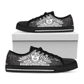 Blue And White Mayan Statue Print Black Low Top Sneakers