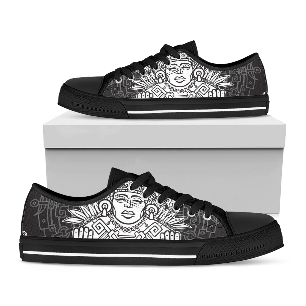 Blue And White Mayan Statue Print Black Low Top Sneakers