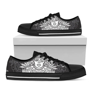Blue And White Mayan Statue Print Black Low Top Sneakers