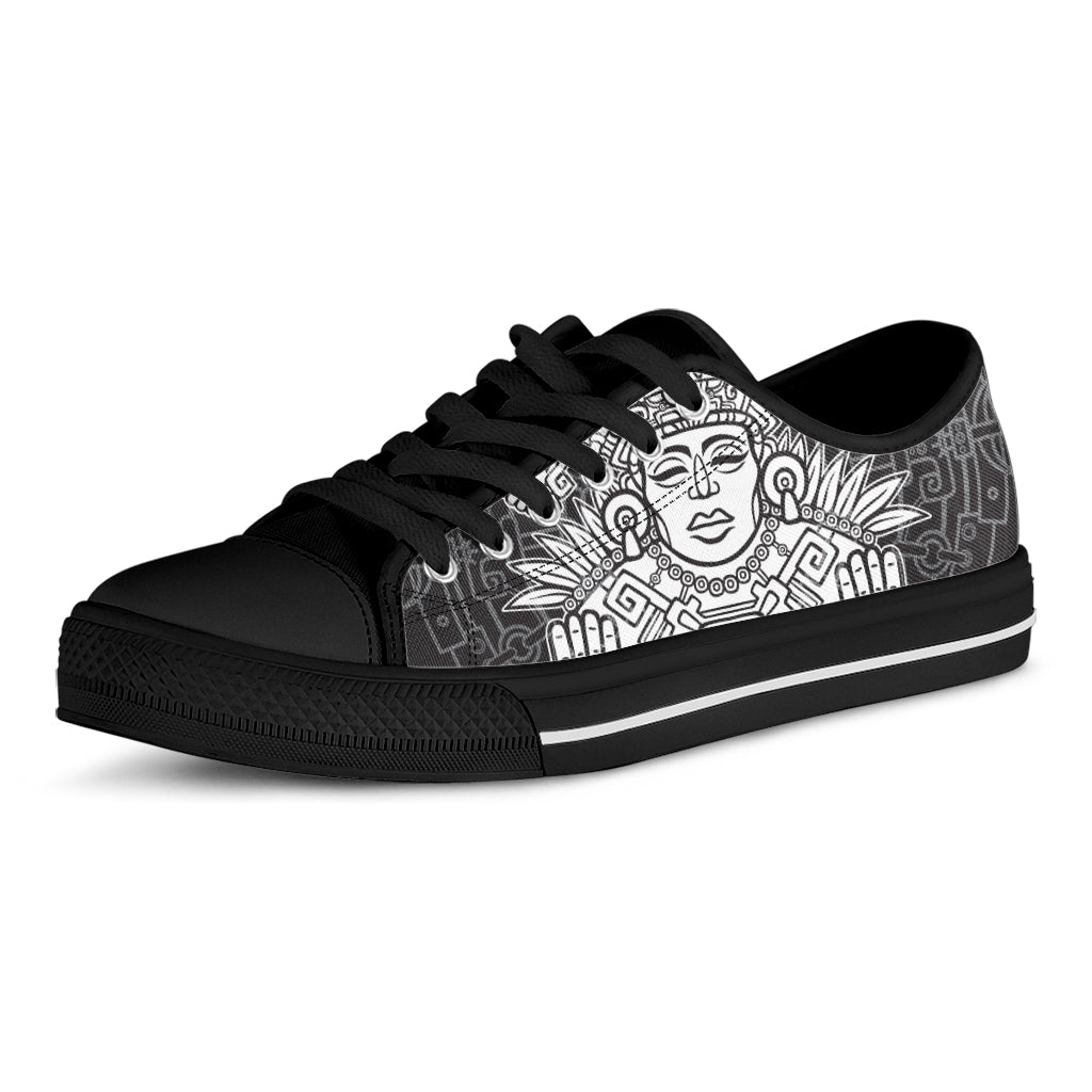 Blue And White Mayan Statue Print Black Low Top Sneakers