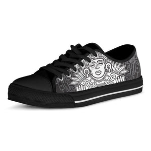 Blue And White Mayan Statue Print Black Low Top Sneakers