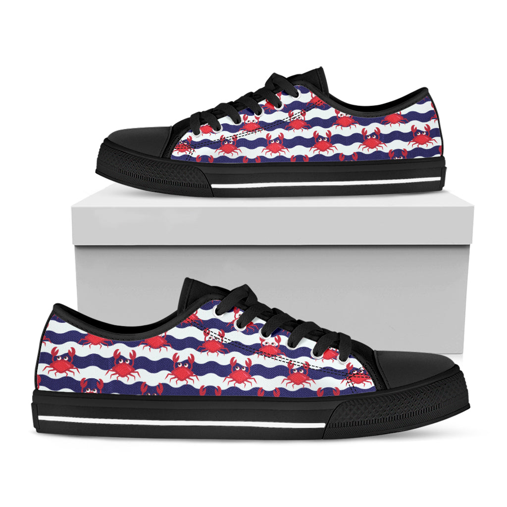 Blue And White Wave Crab Pattern Print Black Low Top Sneakers