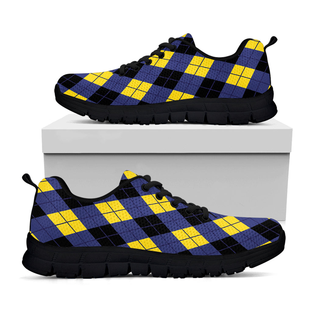 Blue Black And Yellow Argyle Print Black Running Shoes