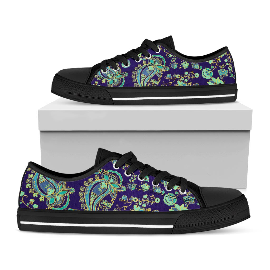 Blue Bohemian Paisley Pattern Print Black Low Top Sneakers