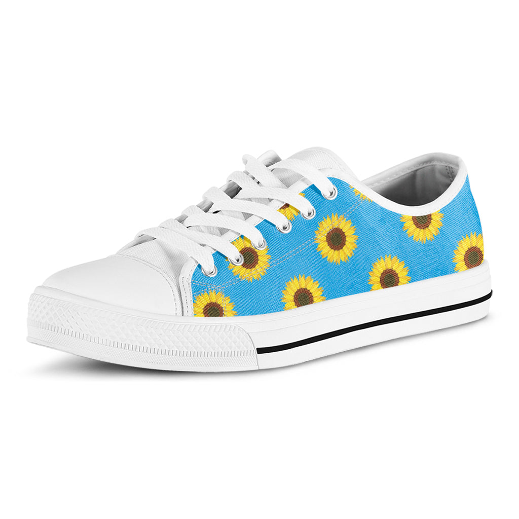 Blue Cute Sunflower Pattern Print White Low Top Sneakers