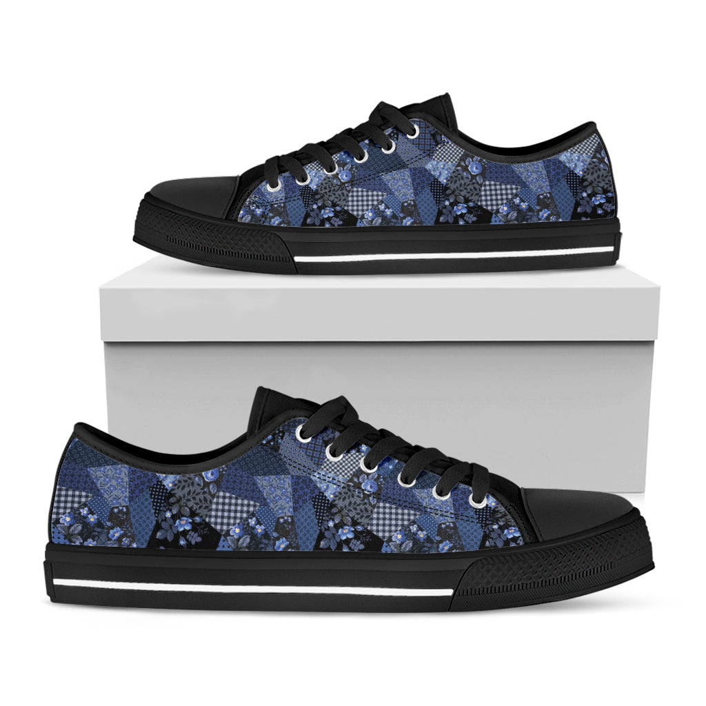 Blue Flower Patchwork Pattern Print Black Low Top Sneakers
