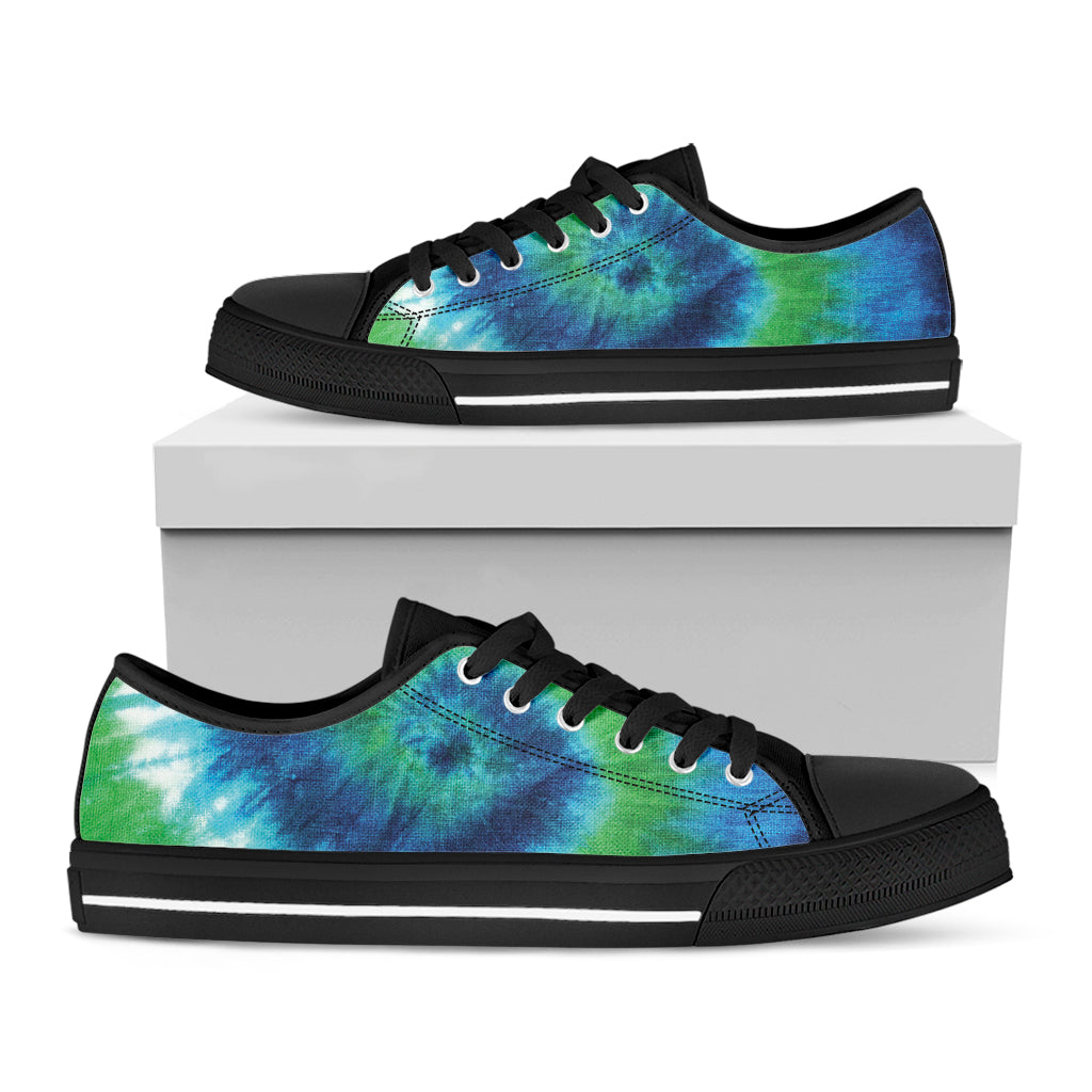 Blue Green And White Tie Dye Print Black Low Top Sneakers