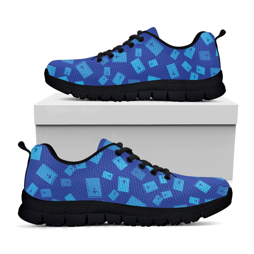 Blue Holy Bible Pattern Print Black Running Shoes